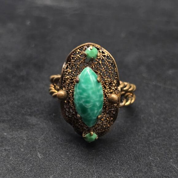 Antique Peking Glass Ring Size 6 Gold Tone Teal Mottled Glass Vintage - Picture 4 of 7